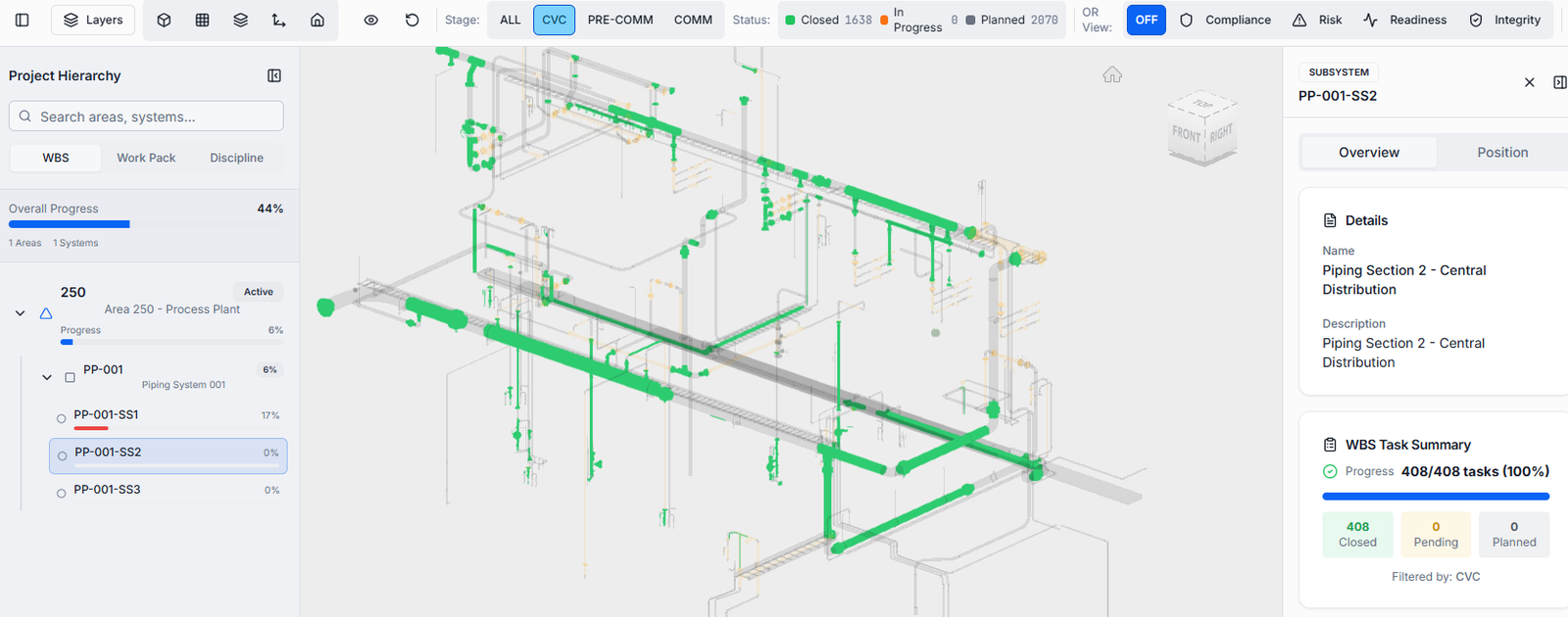 Interactive digital twin showing 3D piping model alongside the project hierarchy of areas, systems and subsystems