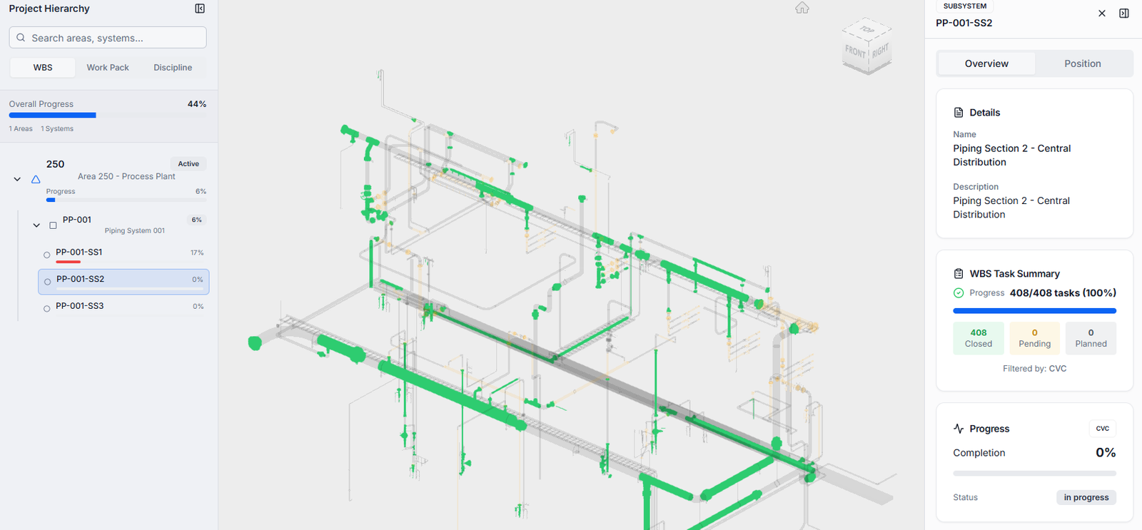 Parallel Asset 3D piping model with Project Hierarchy and Subsystem panels